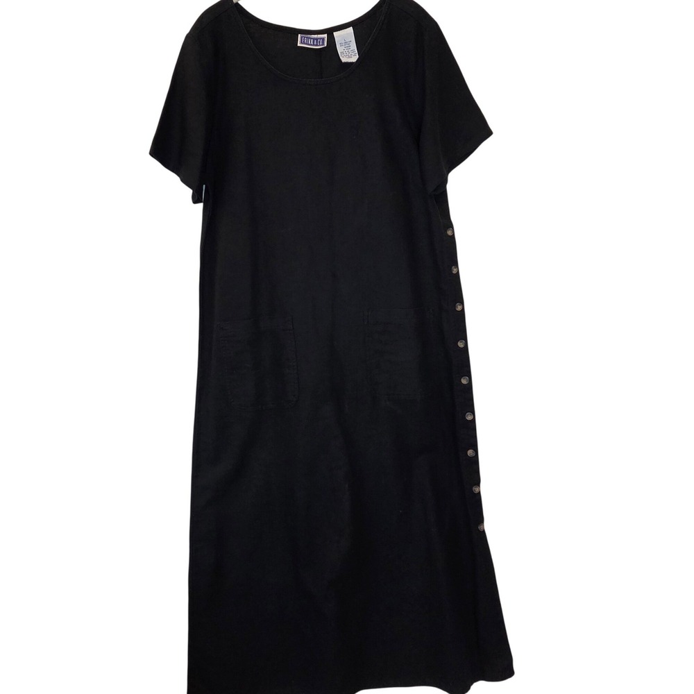 VTG Erika & Co Womens Black Linen Blend Short Sleeve Side Button Midi Dress L